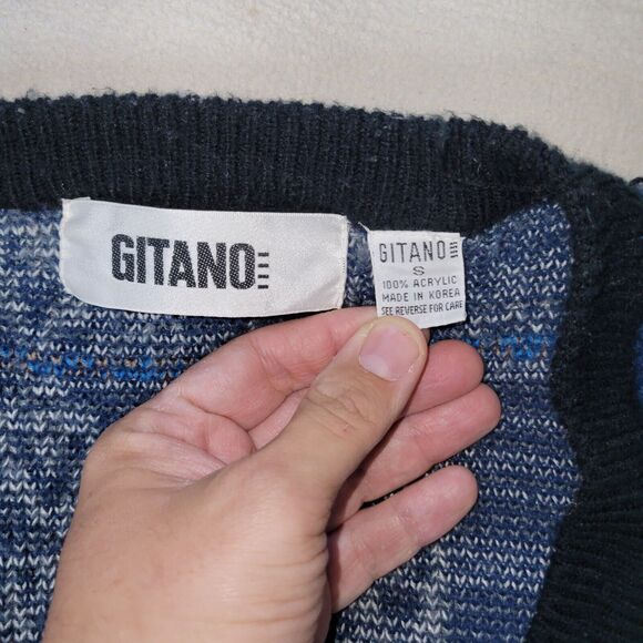 Vtg Gitano Sweater Mens Sz S Blue Knit 80s Aztec Ski Snow Korea Button Retro - Picture 12 of 16